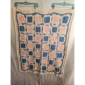 Vintage Blanket Granny Square Crocheted Pink, Blue White LAP BLANKET AFGHAN